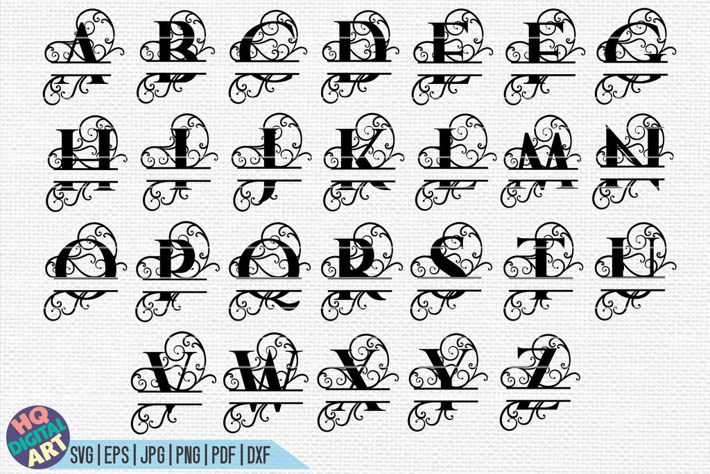 Split Letters A- Z - 26 Split monogram SVG files with banners - So