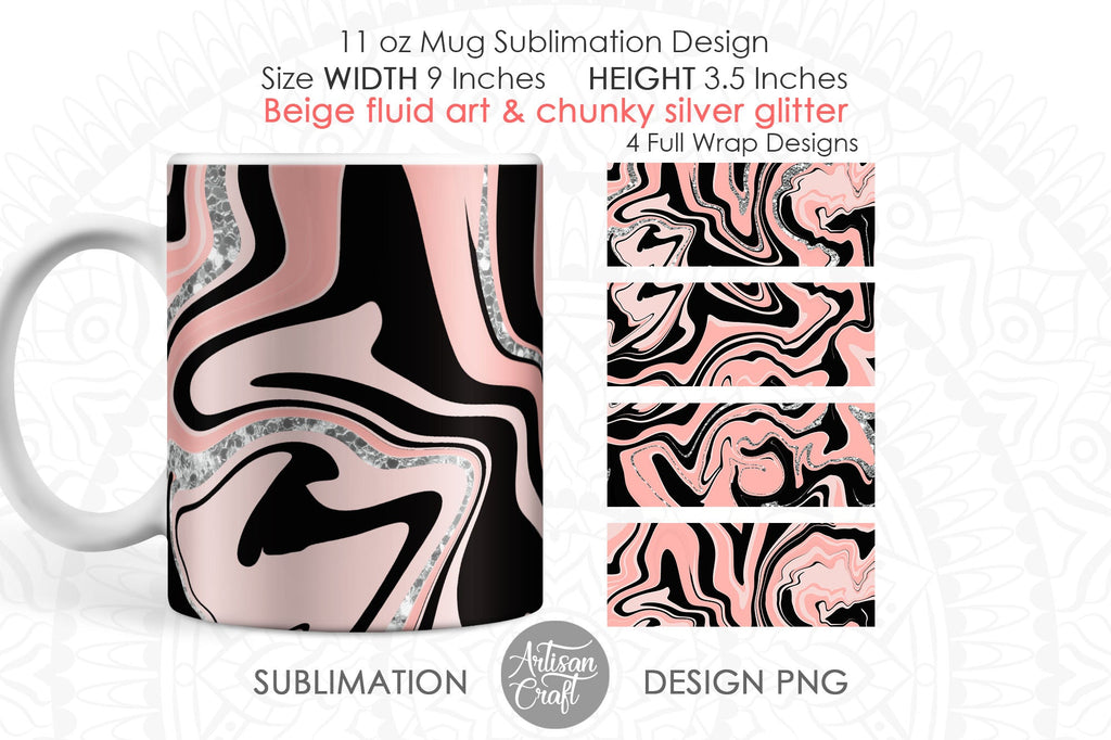 Fluid art 11oz coffee mug template with silver glitter