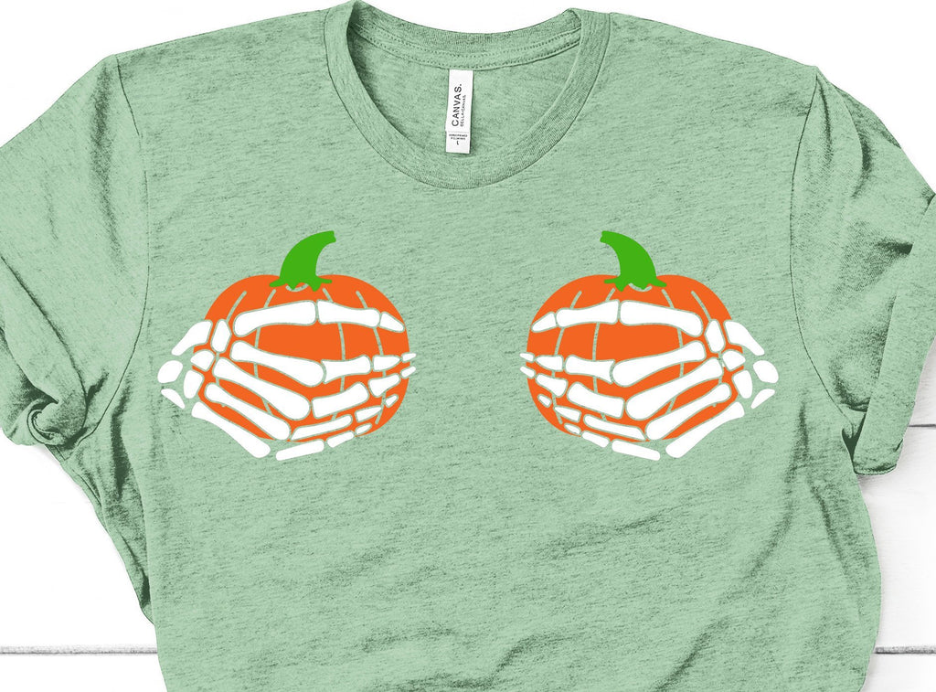 Pumpkin Boobs Shirt Funny Halloween T-Shirt Skeleton Boobs T Shirt