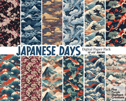 Japanese illustrations Digital Paper | Japan Inspired Scrapbook Digital Pattern Fine Purple Elephant Creations 
