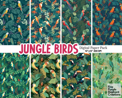 Jungle Birds Digital Paper | Vibrant Tropical Plant Scrapbook Digital Pattern Fine Purple Elephant Creations 