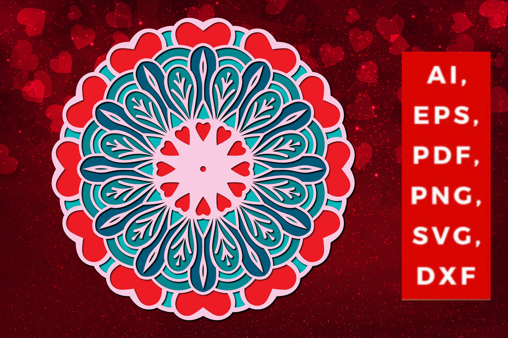 layered valentine mandala SVG with heart, Layered mandala, 3D mandala ...