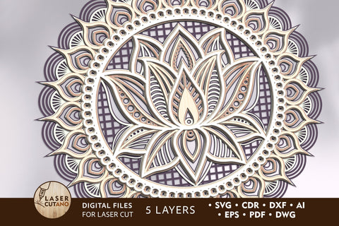 Mandala Lotus Multilayer Laser Cut Files, Round Sign SVG, 3D Designs SVG LaserCutano