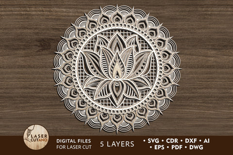 Mandala Lotus Multilayer Laser Cut Files, Round Sign SVG, 3D Designs SVG LaserCutano