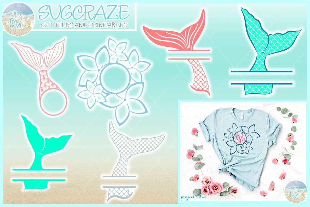 Mermaid Tail Monogram Split Frame Bundle SVG - So Fontsy