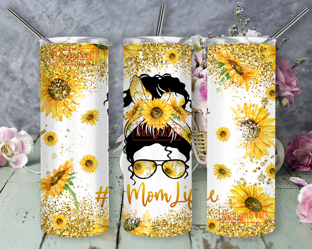 Messy Mom Life Bun Hair Sunflower 20oz Skinny Tumbler Sublimation ...