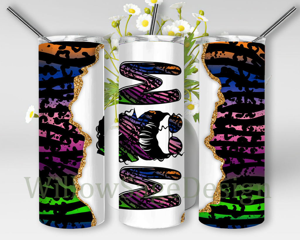 Mom Leopard 20oz Skinny Tumbler, Messy Bun Hair Leopard Tumbler Png ...