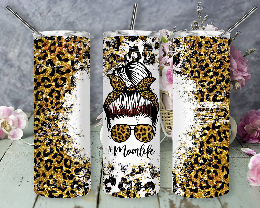 Mom Life Leopard 20oz Full Tumbler Wrap, Messy Bun Leopard Tumbler Png ...
