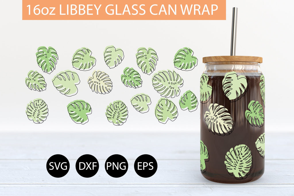 Monstera SVG 16 oz Libbey Glass Can Wrap PNG Sublimation - So Fontsy