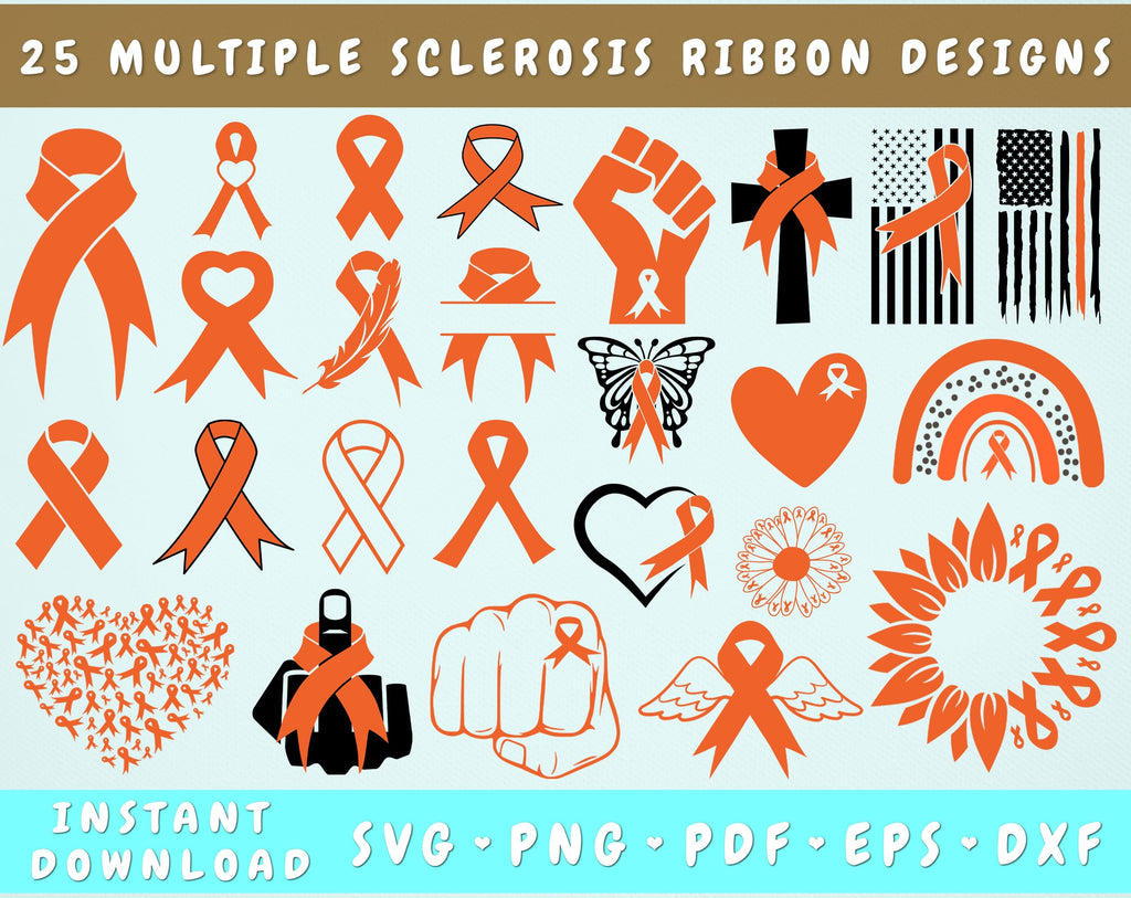 A collection of 25 digital designs centered on Multiple Sclerosis awareness, using an orange color palette featuring the MS awareness ribbon in various creative forms—flowing ribbons, ribbons intertwined with hearts, butterflies, crosses, a raised fist, and other symbolic designs intended for crafting and awareness materials.