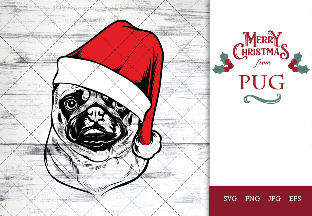 Pug dog svg portrait clipart vector graphic art Xmas hat Christmas dog ...
