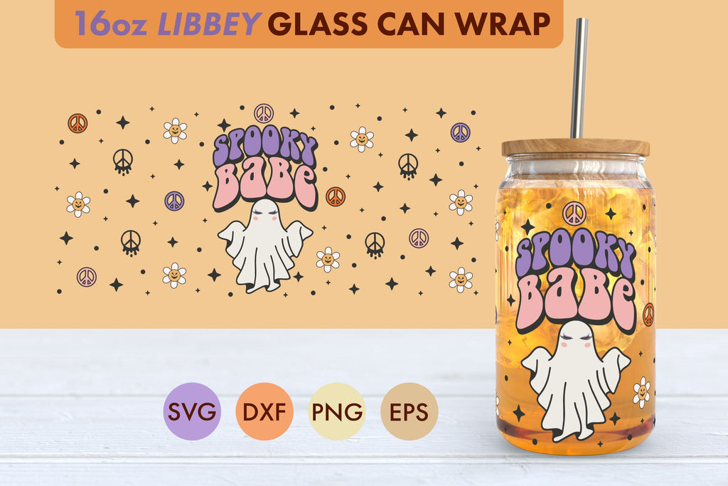 Retro Halloween Spooky Babe SVG 16 oz Libbey Glass Can Wrap - So Fontsy