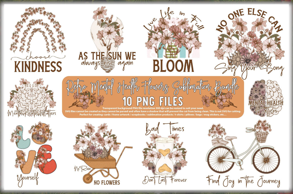 Retro Mental Health Flowers PNG Bundle - So Fontsy