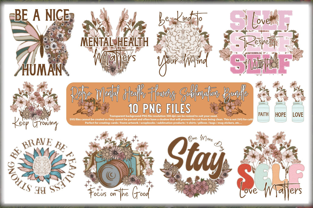 Retro Mental Health Flowers PNG Bundle - So Fontsy