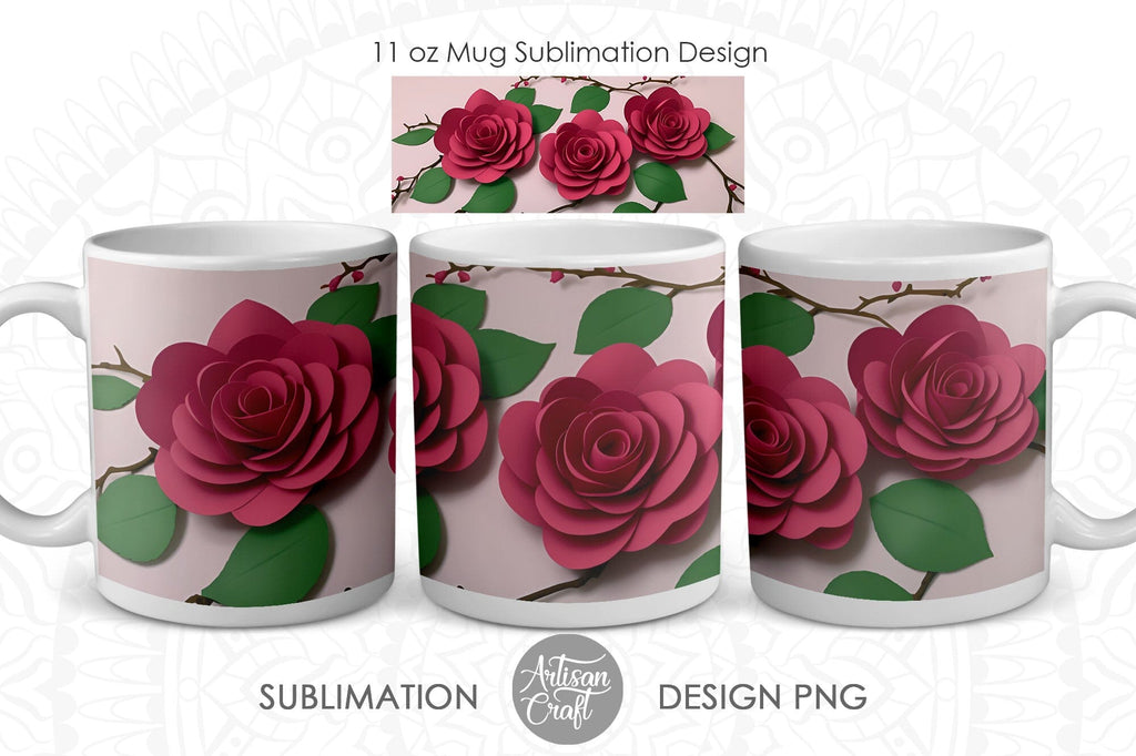 3D Roses 11oz mug sublimation designs, 3d mug design, 3d flower PNG By  Artisan Craft SVG