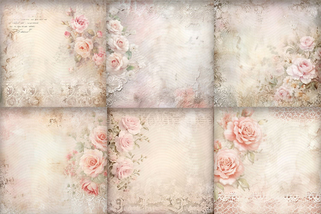 Shabby Rose Scrapbook Papers, Floral Junk Journal Background - So Fontsy