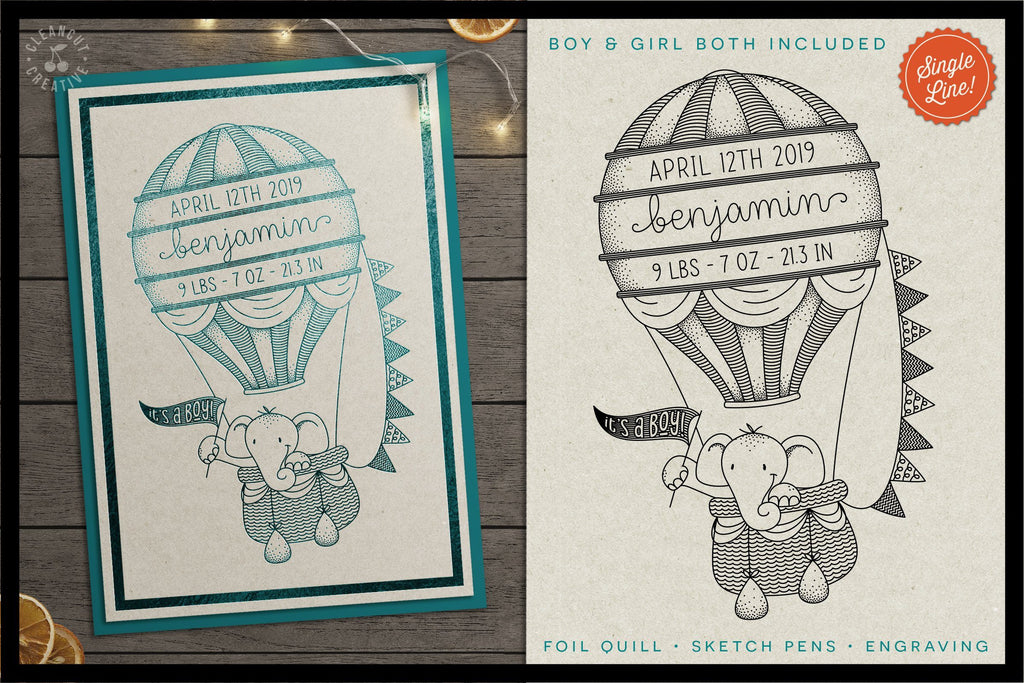Single Line HOT AIR BALLOON Birth Stats Baby Announcement sketch file ...