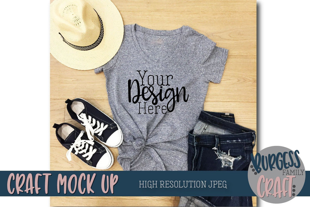 Summer hat gray t-shirt Craft mock up | High resolution JPEG - So Fontsy