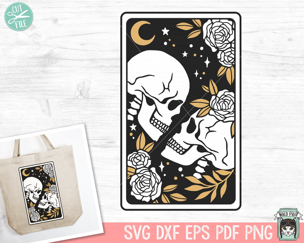 Tarot Card Skull svg, Floral Skull Tarot svg file, Lovers Tarot Card