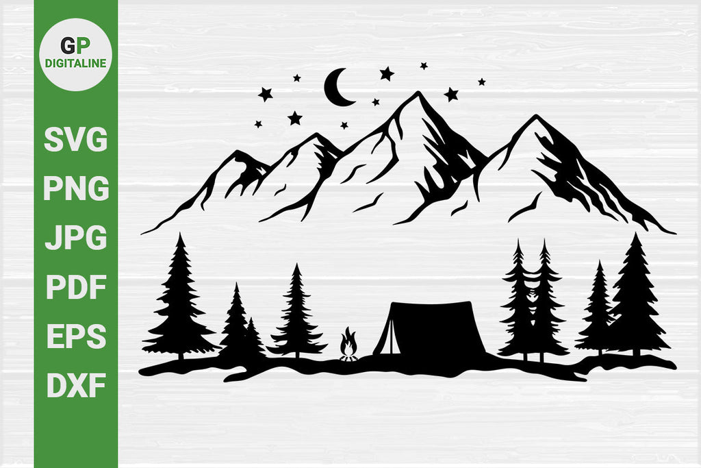 svg tent Tent, Camping, Forest SVG, Wilderness, Mountains, Woods SVG, Moon, Stars,  Campfire SVG