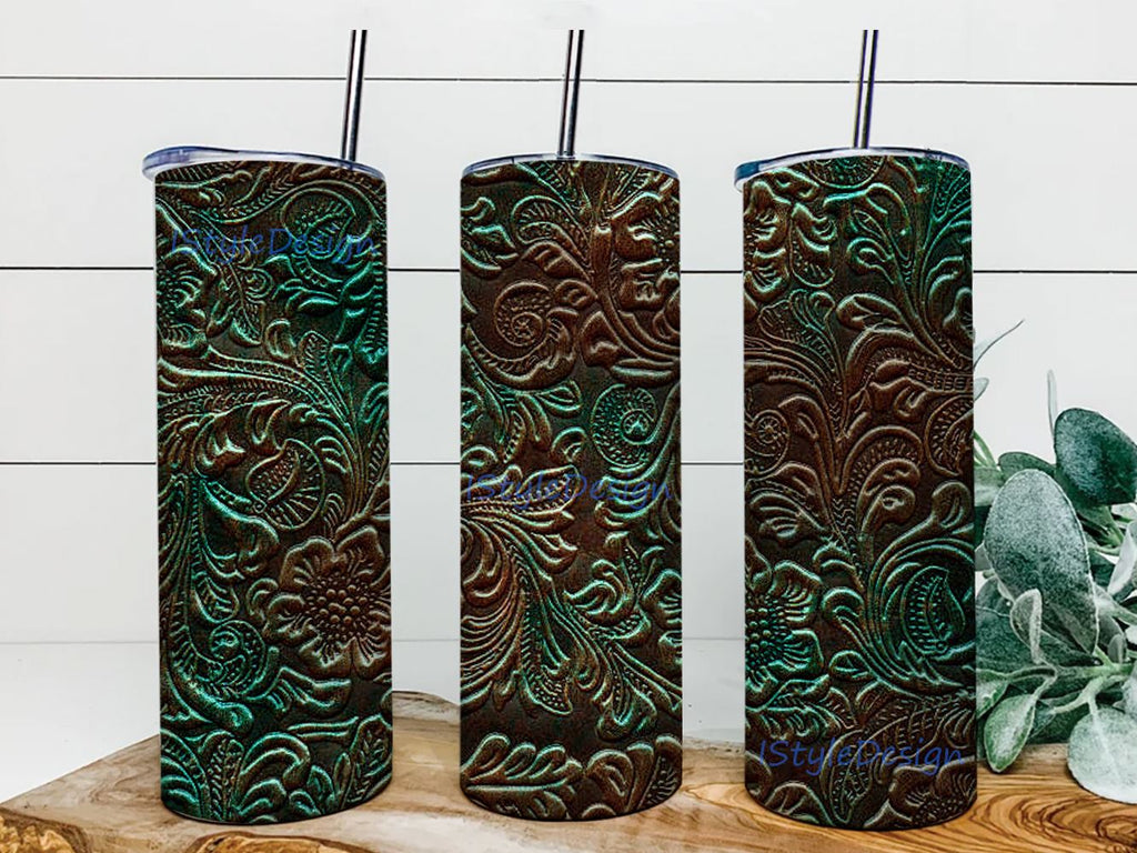 Tooled Leather 20oz Skinny Tumbler Sublimation Design PNG, Western ...