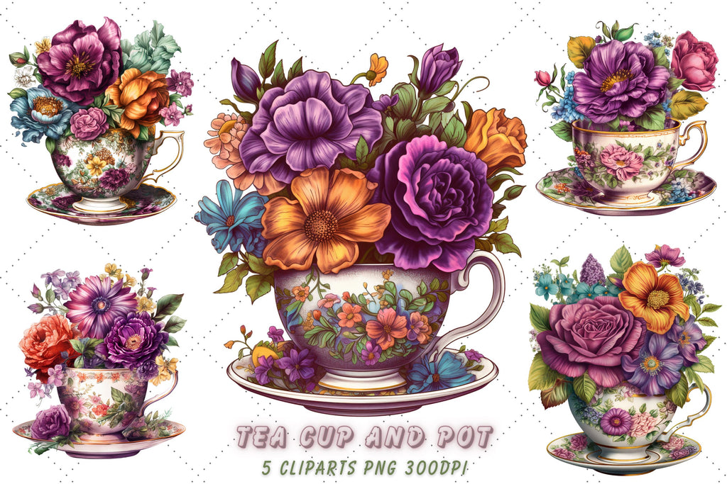 Vintage Flowers Tea Cup and Pot Clipart Bundle, Purple cup, Sublimation
