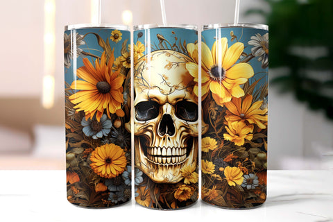 Vintage Scull with Flowers Halloween Tumbler Wrap Sublimation Designs by Ira 