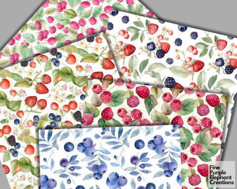 Watercolor Berry Digital Paper | Summer Berries Scrapbook Digital Pattern Fine Purple Elephant Creations 