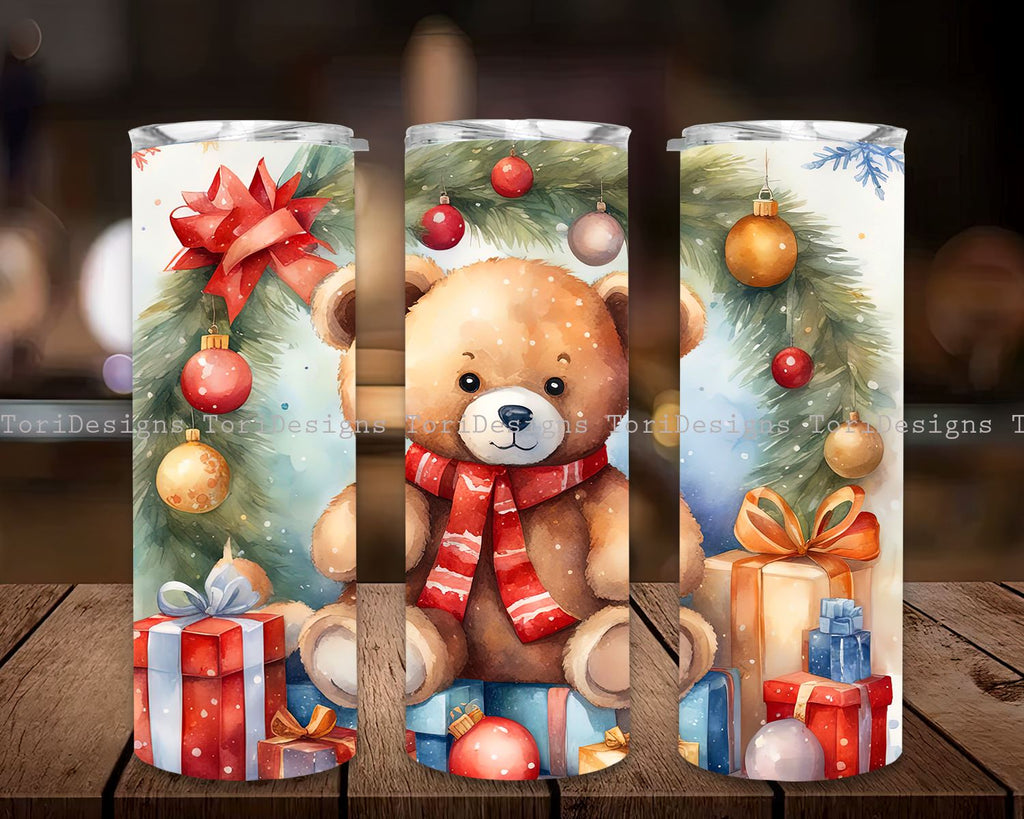 Watercolor Christmas Teddy Bear 20 oz Skinny Tumbler Sublimation Design ...
