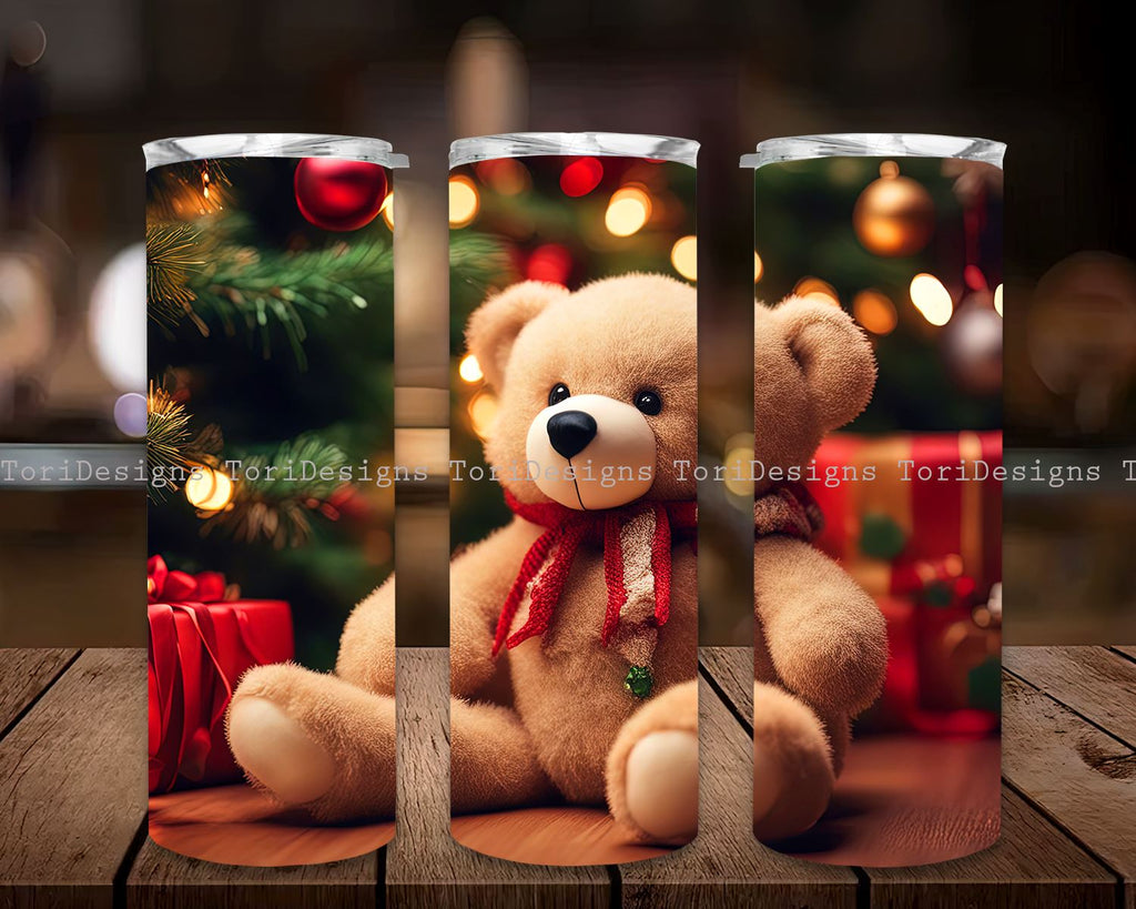 Watercolor Christmas Teddy Bear 20 oz Skinny Tumbler Sublimation Design ...