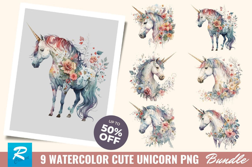 Watercolor Cute Unicorn Clipart Bundle - So Fontsy