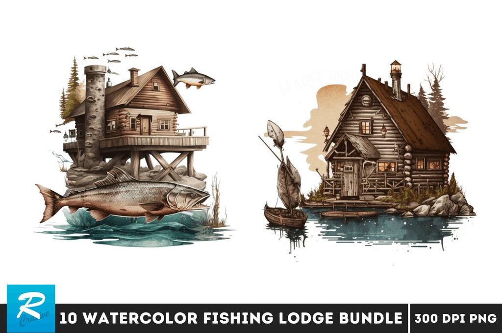 Watercolor Fishing Lodge Clipart Bundle - So Fontsy