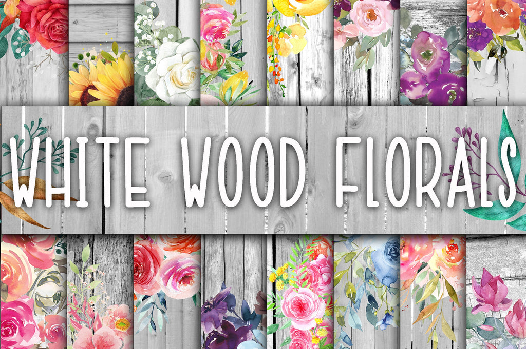 White Wood Floral Digital Papers - So Fontsy