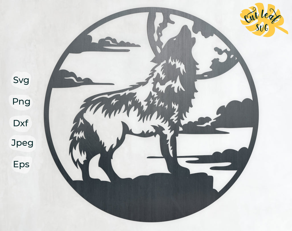 Wolf svg, dxf files for plasma, cnc files for wood, Glowforge, moon svg ...