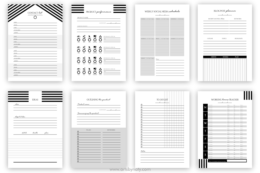 Working online printable planner: Black and White Edition. - So Fontsy