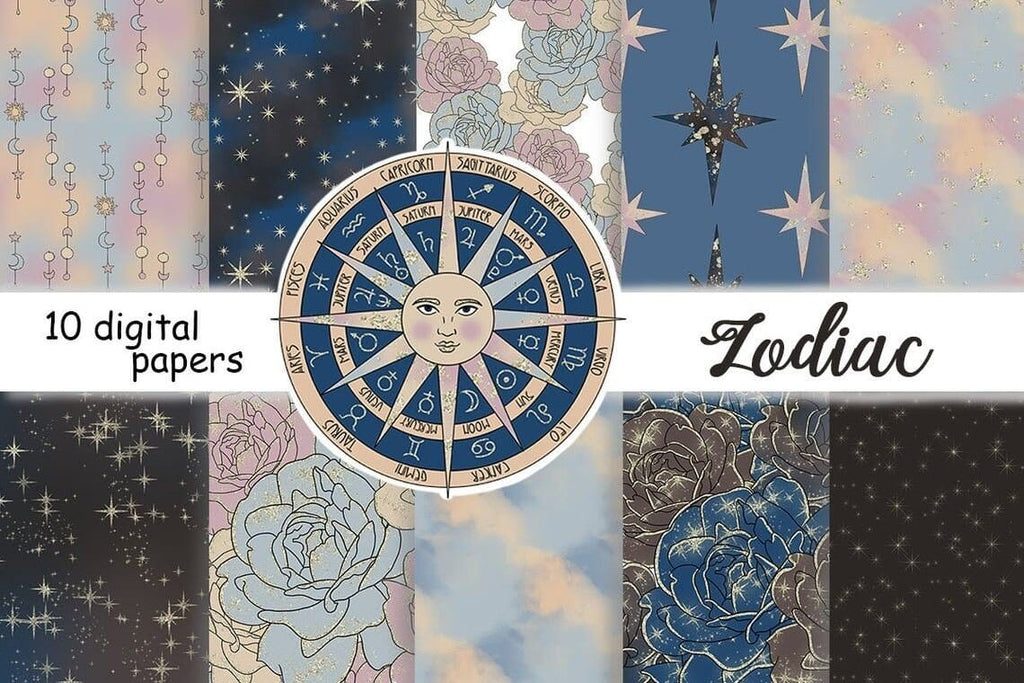 Zodiac Digital Paper  Stars Scrapbook Paper - So Fontsy