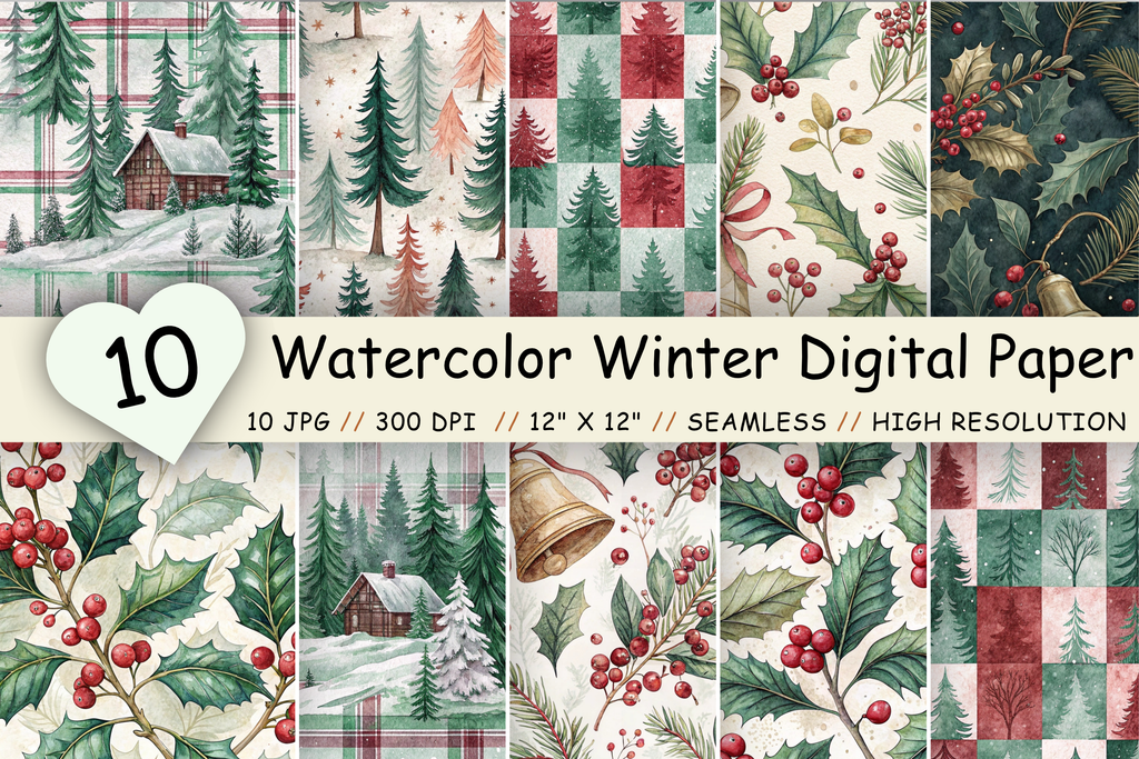 Watercolor Winter Digital Paper Pack, Seamless Pattern Bundle ...