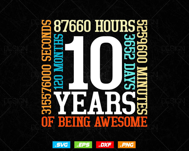 10 Years Of Being Awesome Birthday Svg Png, Retro Vintage Style Happy Birthday Gifts T Shirt Design, Kids Birthday Gift, Birthday Crew Svg SVG DesignDestine 