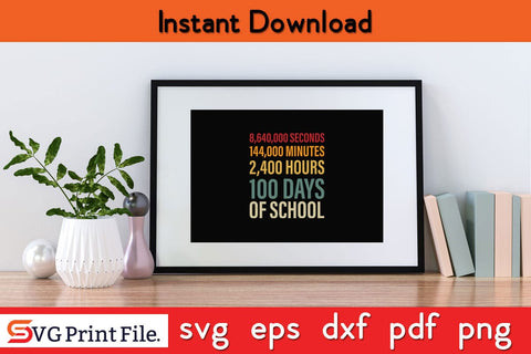 100 Days of School - Seconds Minutes Hours T-Shirt Funny Back To School SVG PNG Craft Cut File SVG SVG Print File 