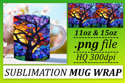11oz/15oz Colorful Mug Wrap Stained Glass Tree Design Sublimation afrosvg 