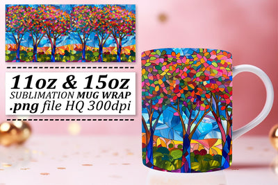 11oz/15oz Colorful Tree Mug Wrap Stained Glass Design Sublimation afrosvg 
