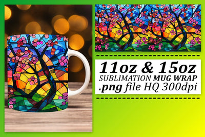 11oz/15oz Colorful Tree Mug Wrap Stained Glass Design Sublimation afrosvg 