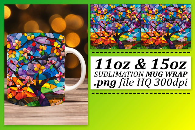 11oz/15oz Colorful Wrap Stained Glass Tree Mug Design Sublimation afrosvg 