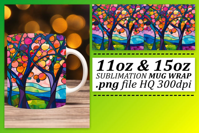 11oz/15oz Mug Colorful Stained Glass Tree Wrap Design Sublimation afrosvg 