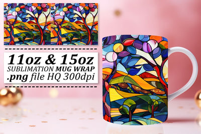 11oz/15oz Mug Colorful Stained Glass Tree Wrap Design Sublimation afrosvg 