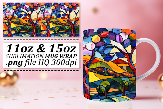 11oz/15oz Mug Colorful Stained Glass Tree Wrap Design Sublimation afrosvg 