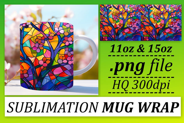 11oz/15oz Mug Wrap Colorful Stained Glass Tree Sublimation Sublimation afrosvg 