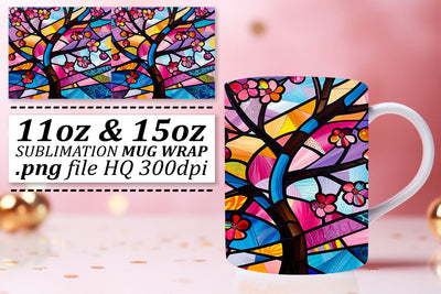 11oz/15oz Mug Wrap Colorful Stained Glass Tree Sublimation Sublimation afrosvg 