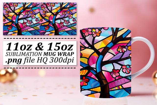 11oz/15oz Mug Wrap Colorful Stained Glass Tree Sublimation Sublimation afrosvg 