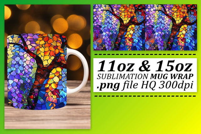 11oz/15oz Mug Wrap Colorful Tree Stained Glass Design Sublimation afrosvg 
